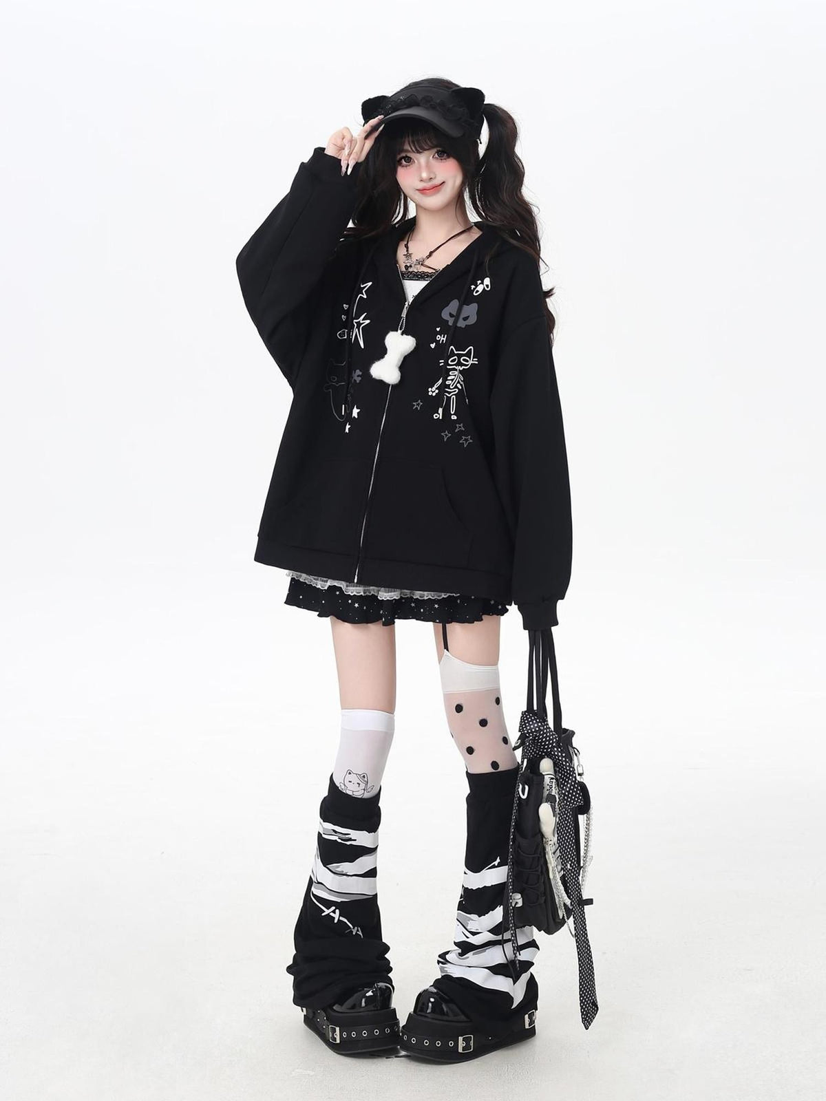 Crazy Girl Cartoon Cat Ear Tie Hooded Oversized Women&
