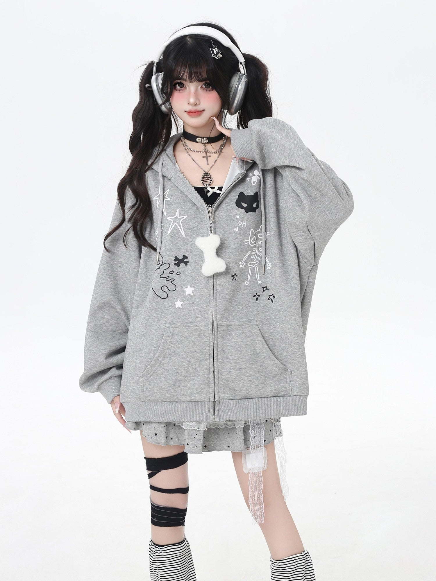 Crazy Girl Cartoon Cat Ear Tie Hooded Oversized Women&