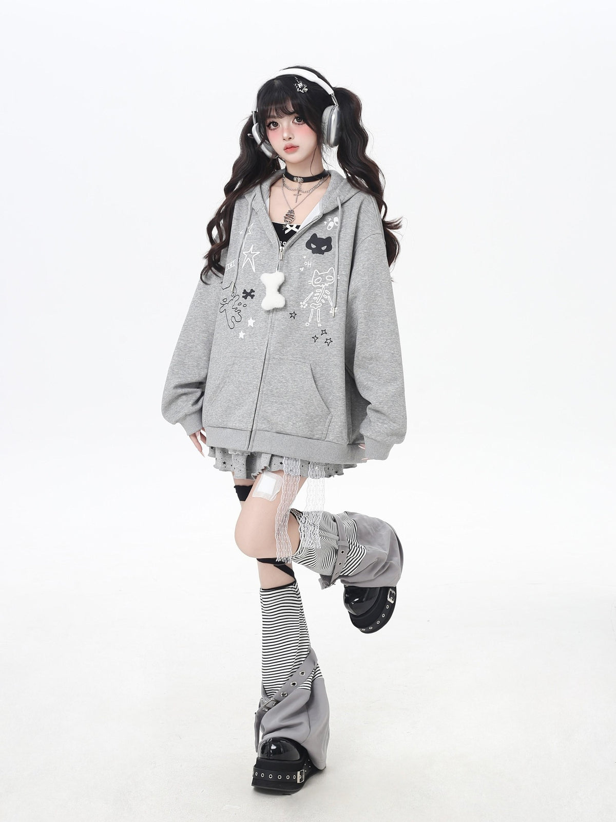 Crazy Girl Cartoon Cat Ear Tie Hooded Oversized Women&
