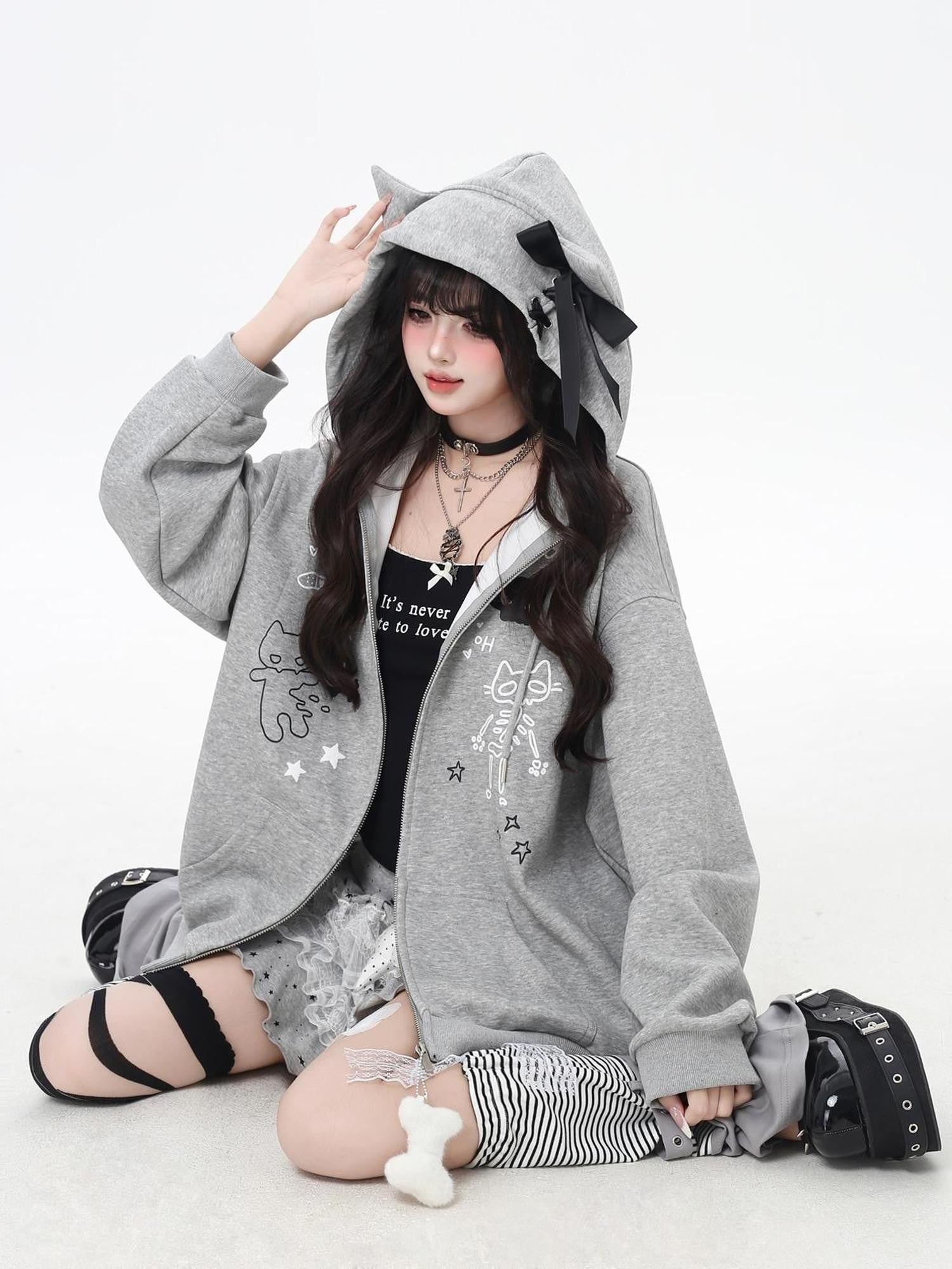 Crazy Girl Cartoon Cat Ear Tie Hooded Oversized Women&