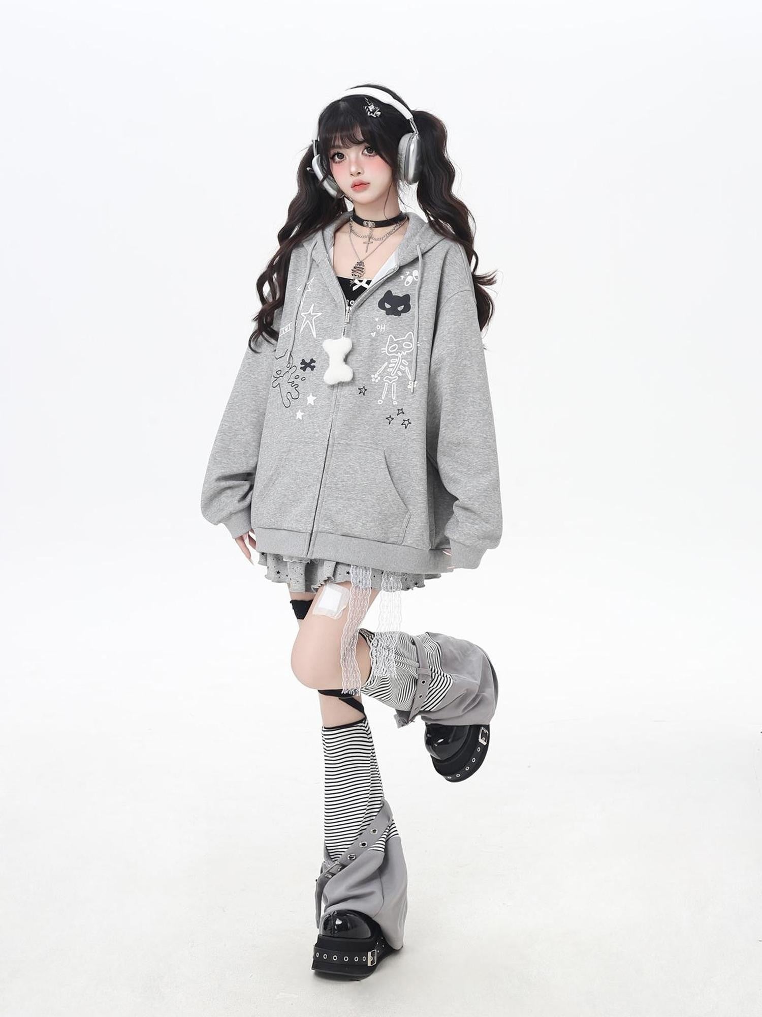 Crazy Girl Cartoon Cat Ear Tie Hooded Oversized Women&
