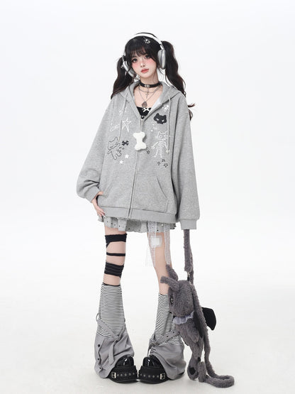 Crazy Girl Cartoon Cat Ear Tie Hooded Oversized Women&
