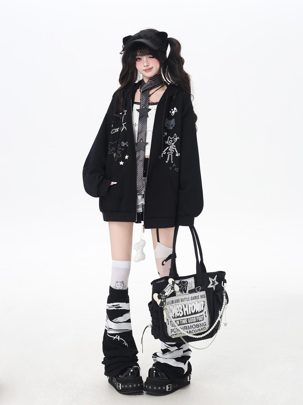 Crazy Girl Cartoon Cat Ear Tie Hooded Oversized Women&