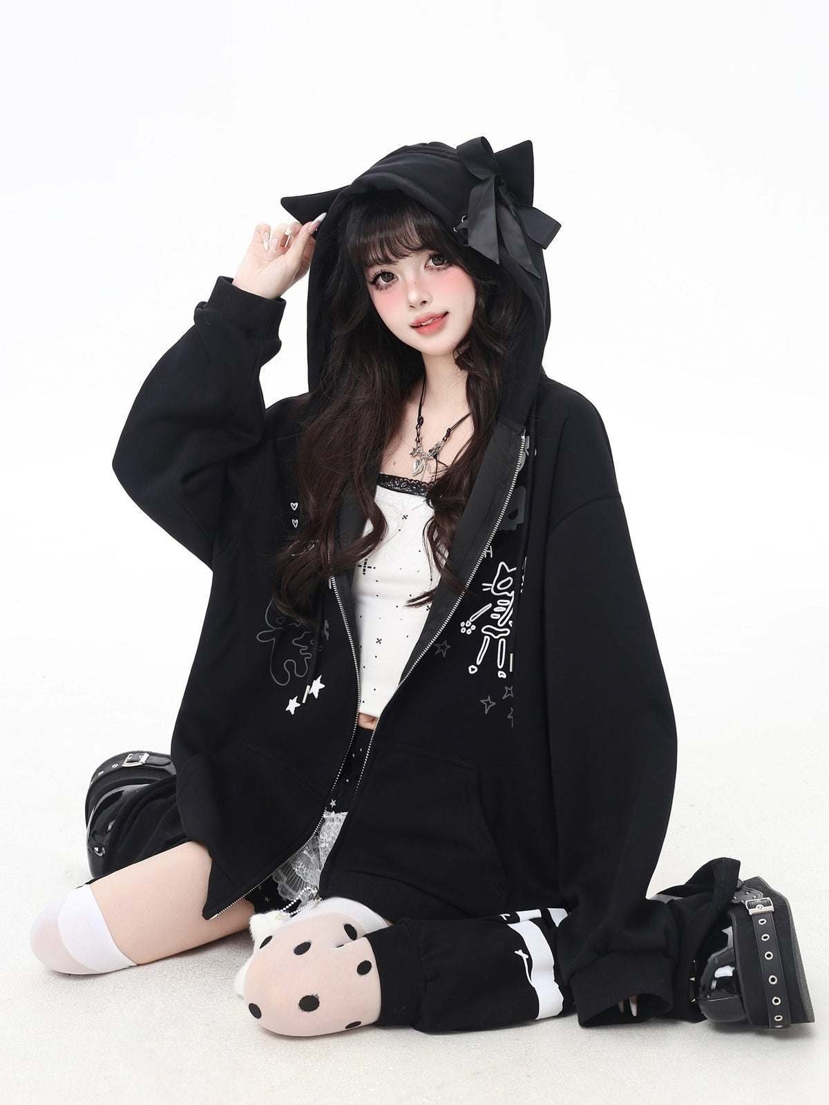 Crazy Girl Cartoon Cat Ear Tie Hooded Oversized Women&