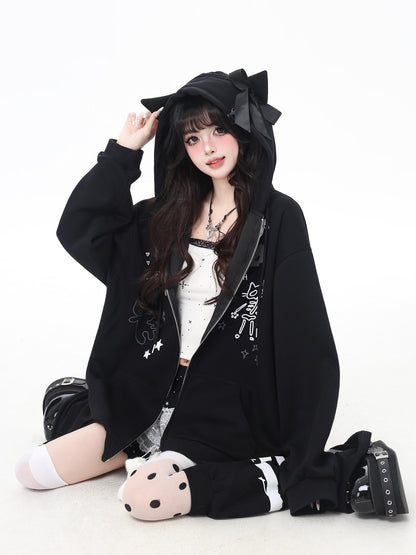 Crazy Girl Cartoon Cat Ear Tie Hooded Oversized Women&