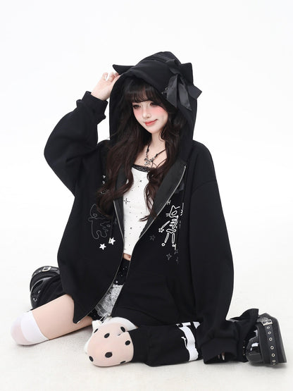 Crazy Girl Cartoon Cat Ear Tie Hooded Oversized Women&