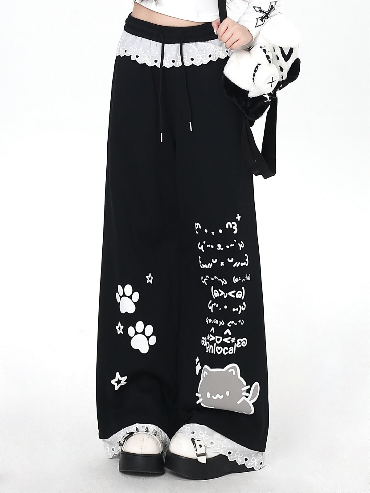 Crazy_Girl_Cartoon_Cat_Print_Lace_Trim_High_Waist_Women&