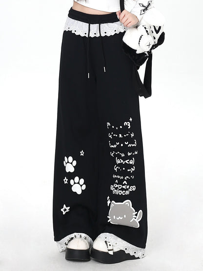 Crazy_Girl_Cartoon_Cat_Print_Lace_Trim_High_Waist_Women&
