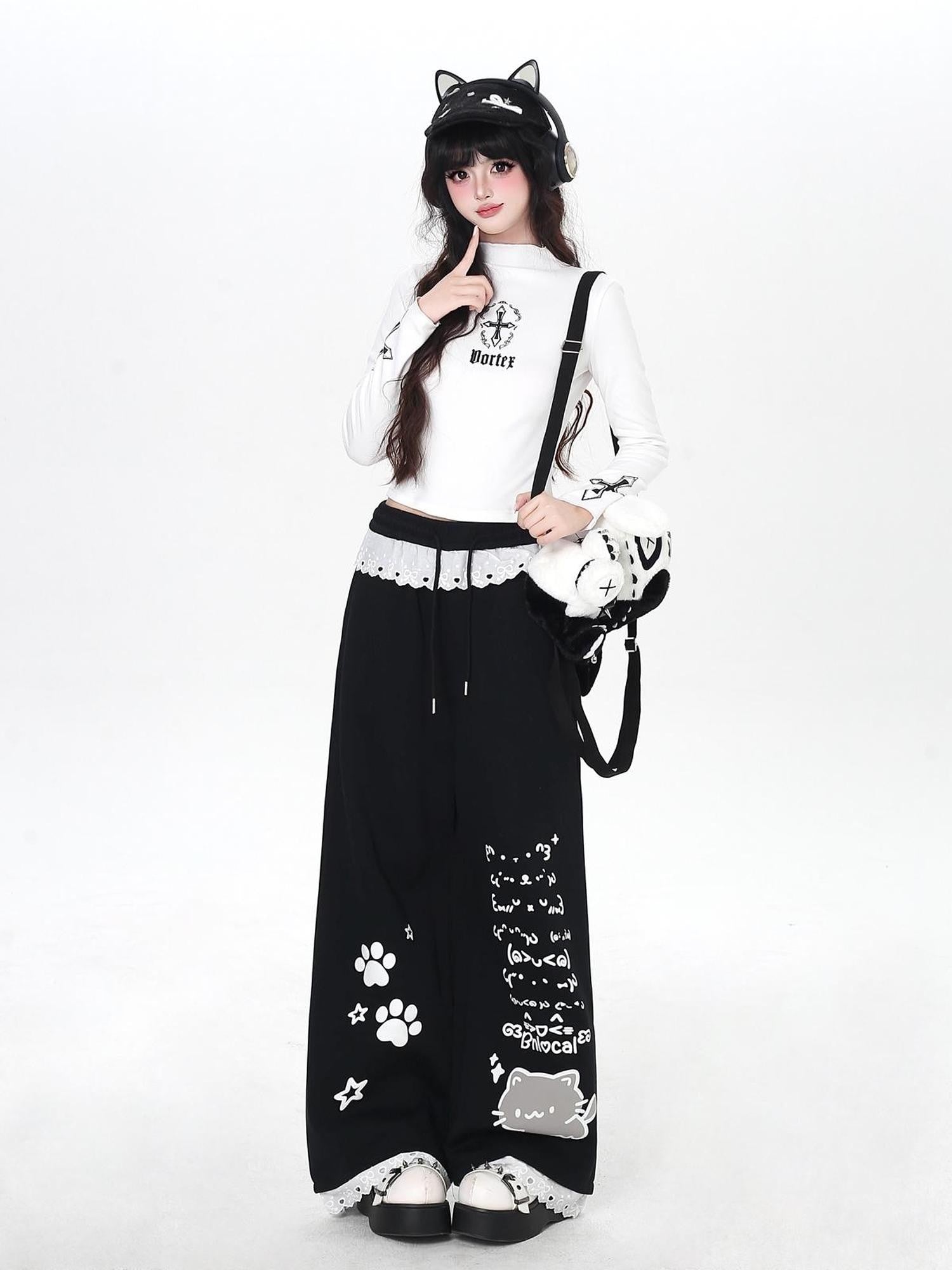 Crazy Girl Cartoon Cat Print Lace Trim High Waist Women&