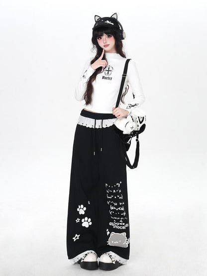Crazy Girl Cartoon Cat Print Lace Trim High Waist Women&
