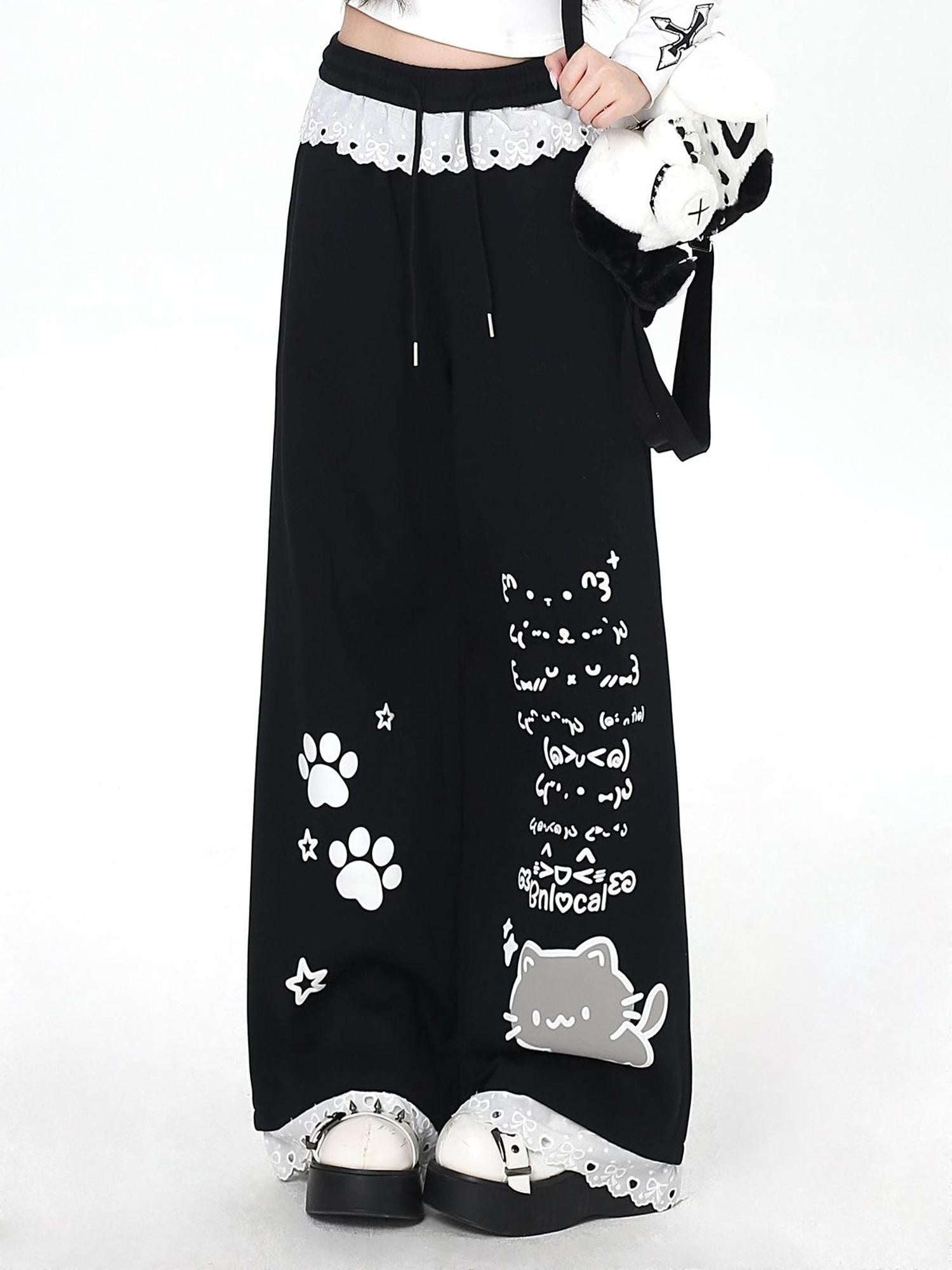 Crazy Girl Cartoon Cat Print Lace Trim High Waist Women&