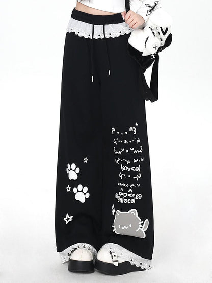 Crazy Girl Cartoon Cat Print Lace Trim High Waist Women&