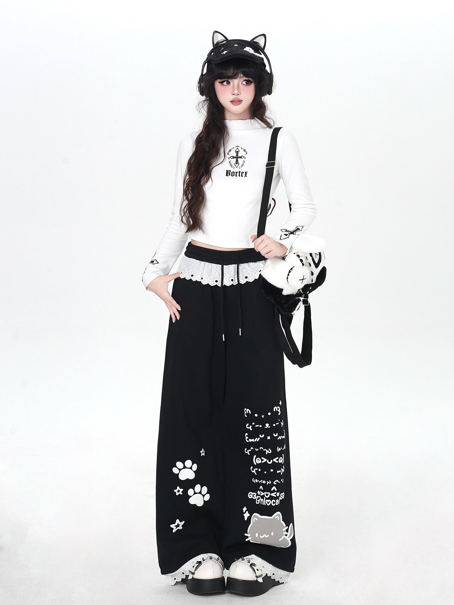 Crazy Girl Cartoon Cat Print Lace Trim High Waist Women&