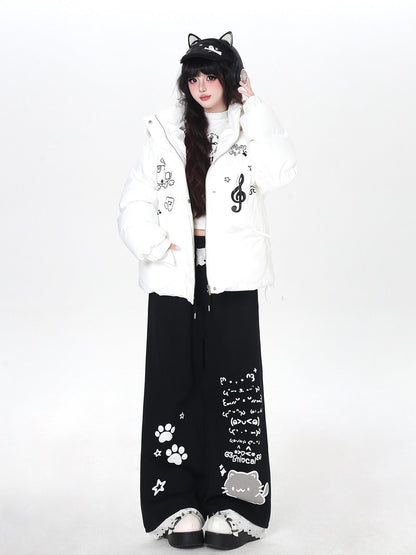 Crazy Girl Cartoon Cat Print Lace Trim High Waist Women&