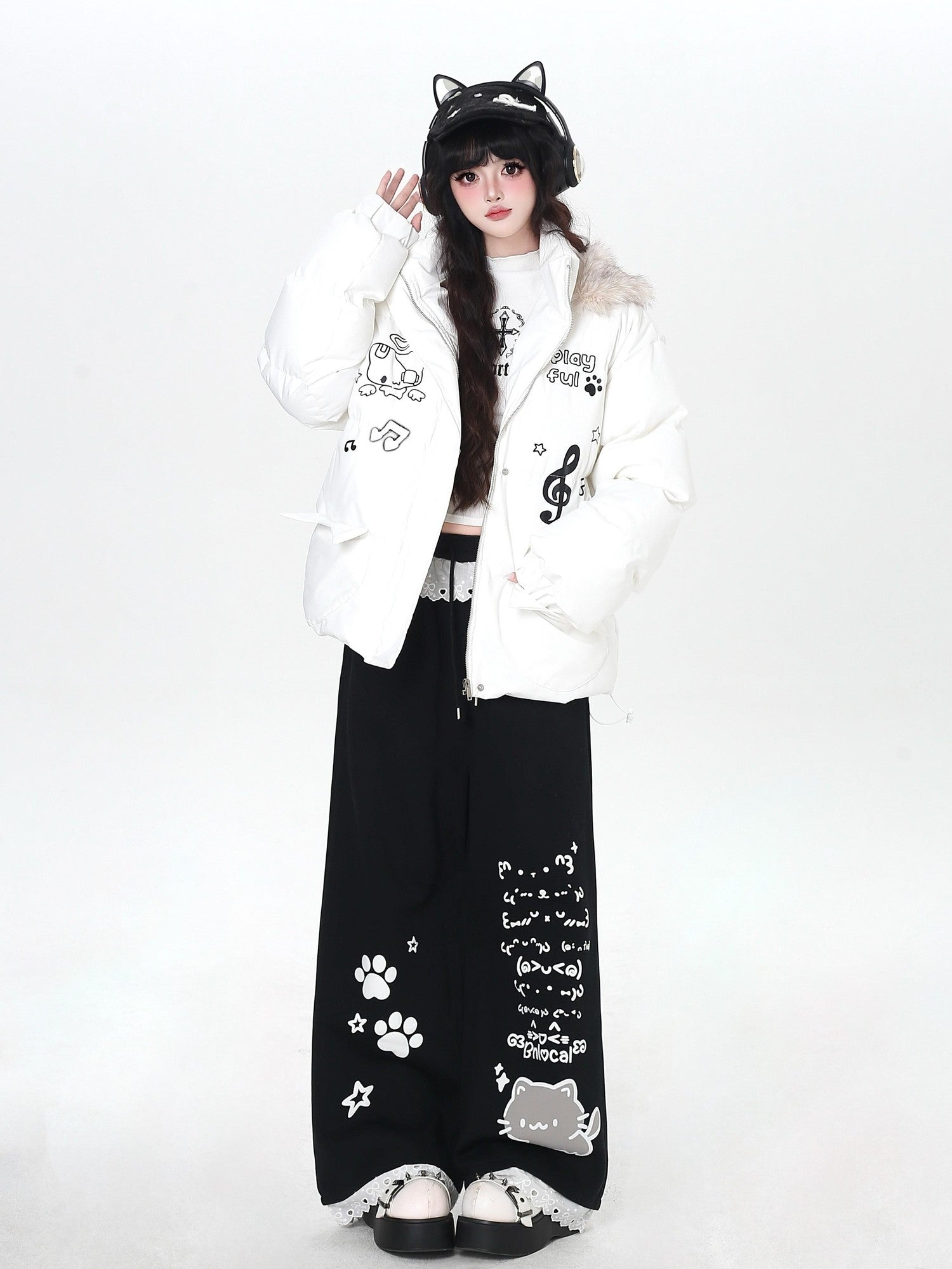 Crazy Girl Cartoon Cat Print Lace Trim High Waist Women&