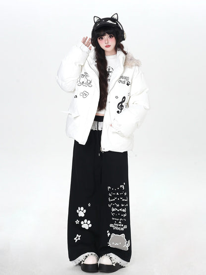 Crazy Girl Cartoon Cat Print Lace Trim High Waist Women&
