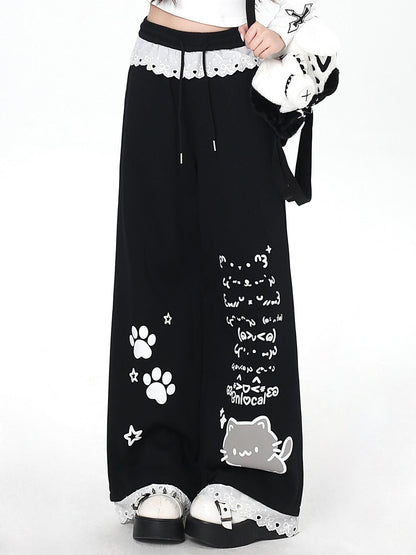 Crazy Girl Cartoon Cat Print Lace Trim High Waist Women&