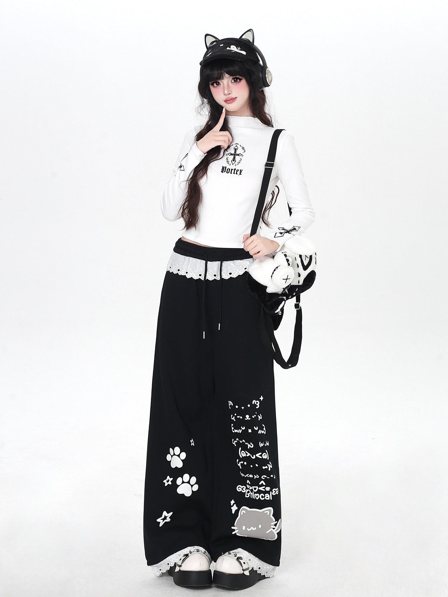 Crazy Girl Cartoon Cat Print Lace Trim High Waist Women&