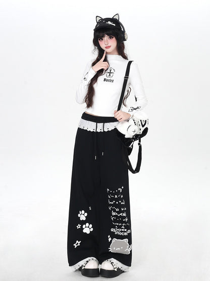 Crazy Girl Cartoon Cat Print Lace Trim High Waist Women&