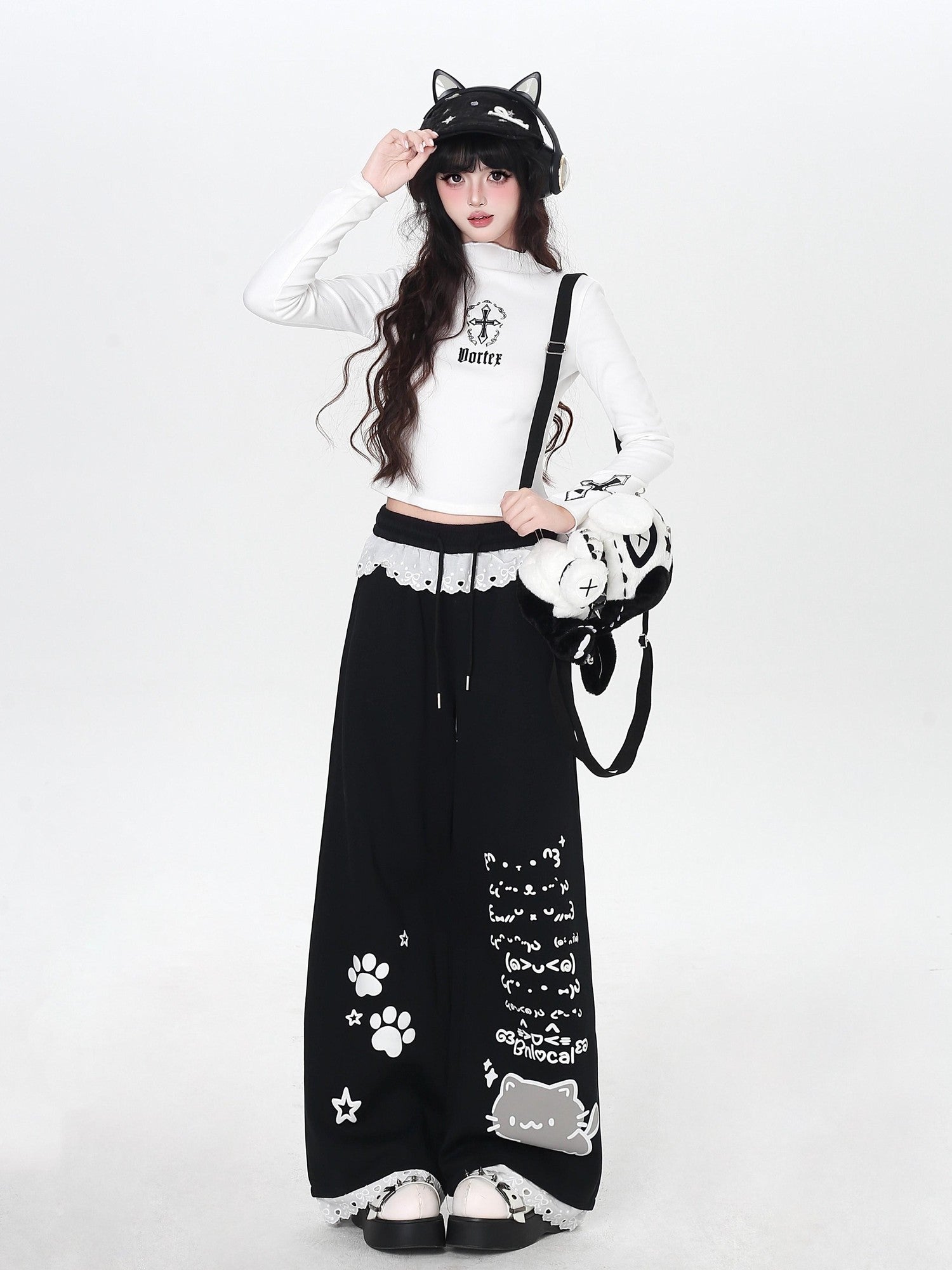Crazy Girl Cartoon Cat Print Lace Trim High Waist Women&