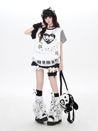 Crazy Girl Cartoon Striped Heart Print Round Neck Oversized Women&