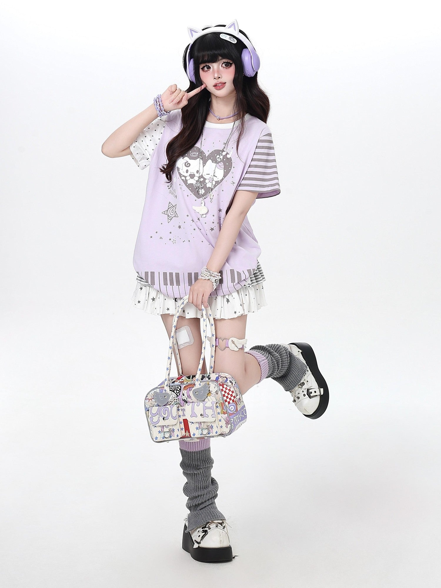 Crazy Girl Cartoon Striped Heart Print Round Neck Oversized Women&