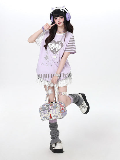 Crazy Girl Cartoon Striped Heart Print Round Neck Oversized Women&
