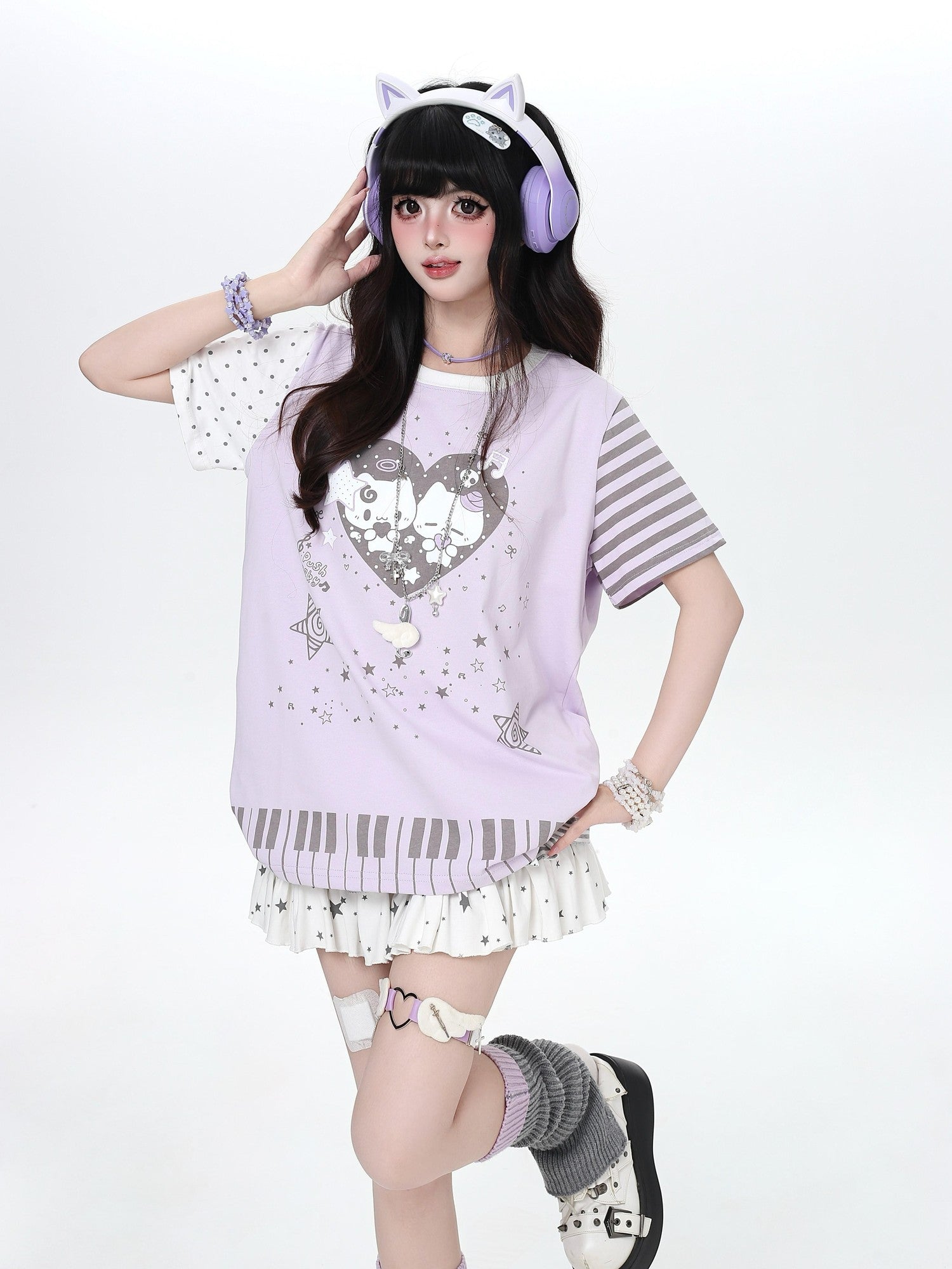 Crazy Girl Cartoon Striped Heart Print Round Neck Oversized Women&