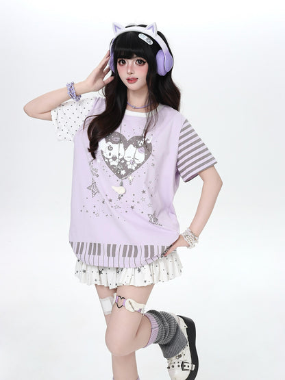 Crazy Girl Cartoon Striped Heart Print Round Neck Oversized Women&