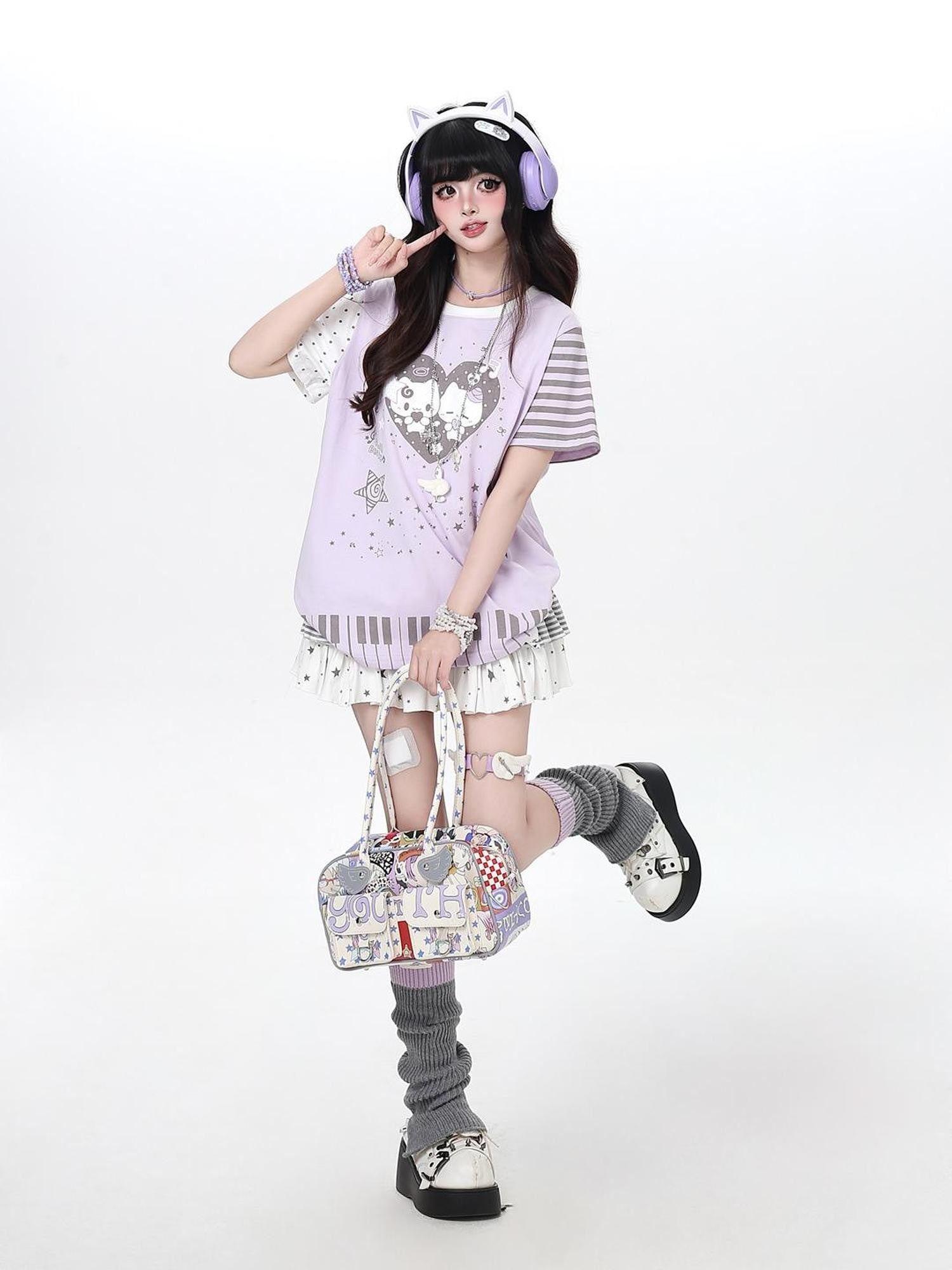 Crazy Girl Cartoon Striped Heart Print Round Neck Oversized Women&