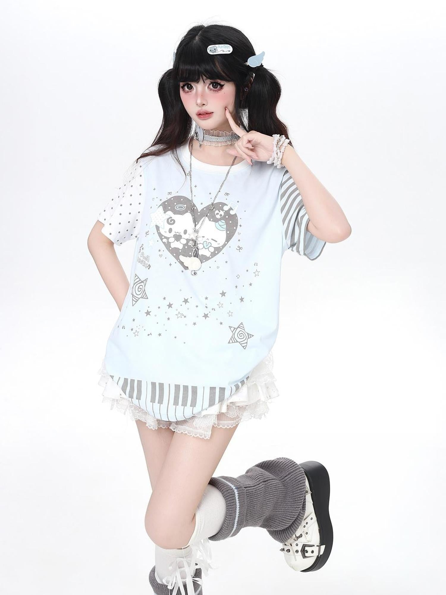 Crazy Girl Cartoon Striped Heart Print Round Neck Oversized Women&