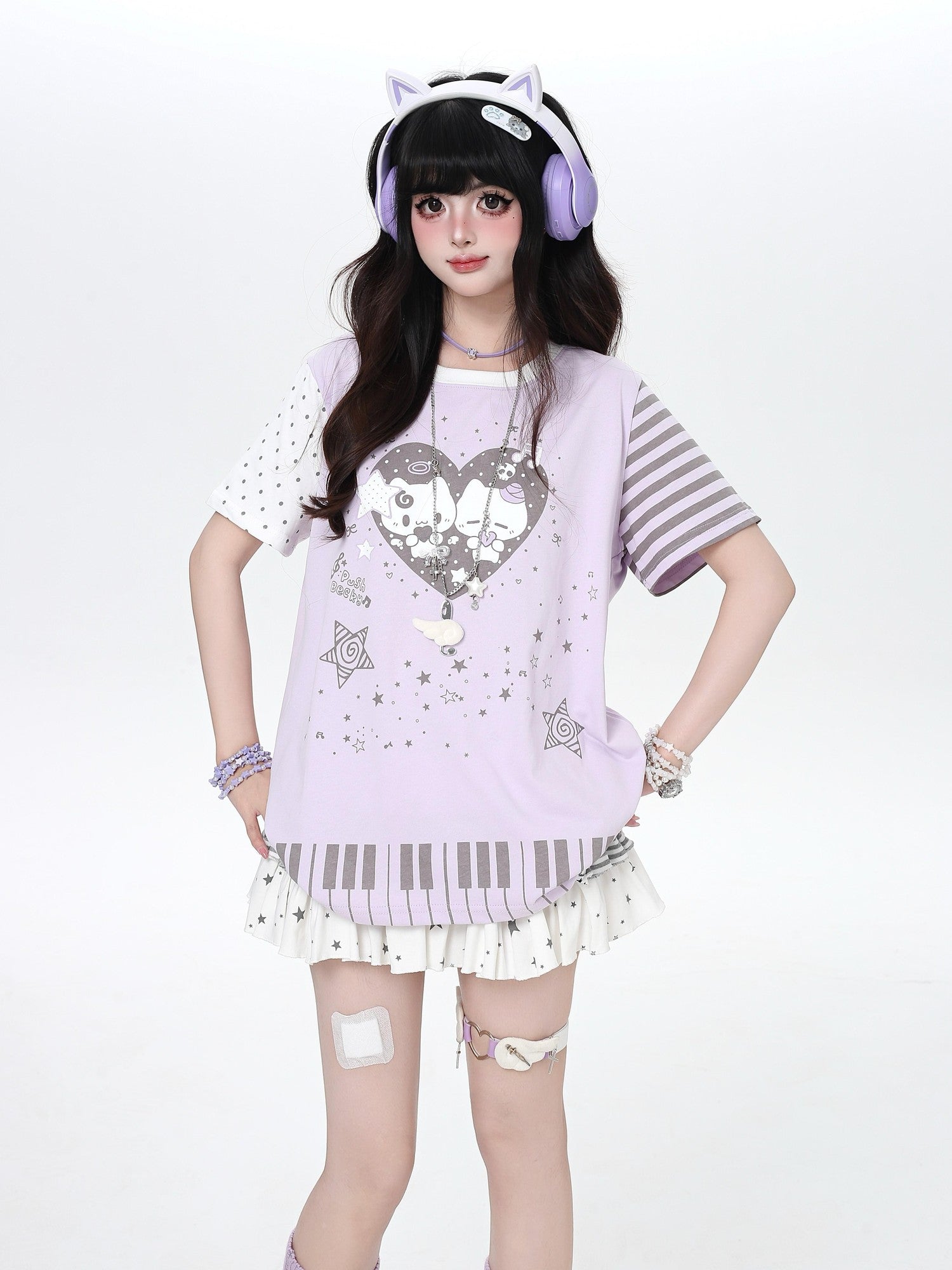Crazy Girl Cartoon Striped Heart Print Round Neck Oversized Women&