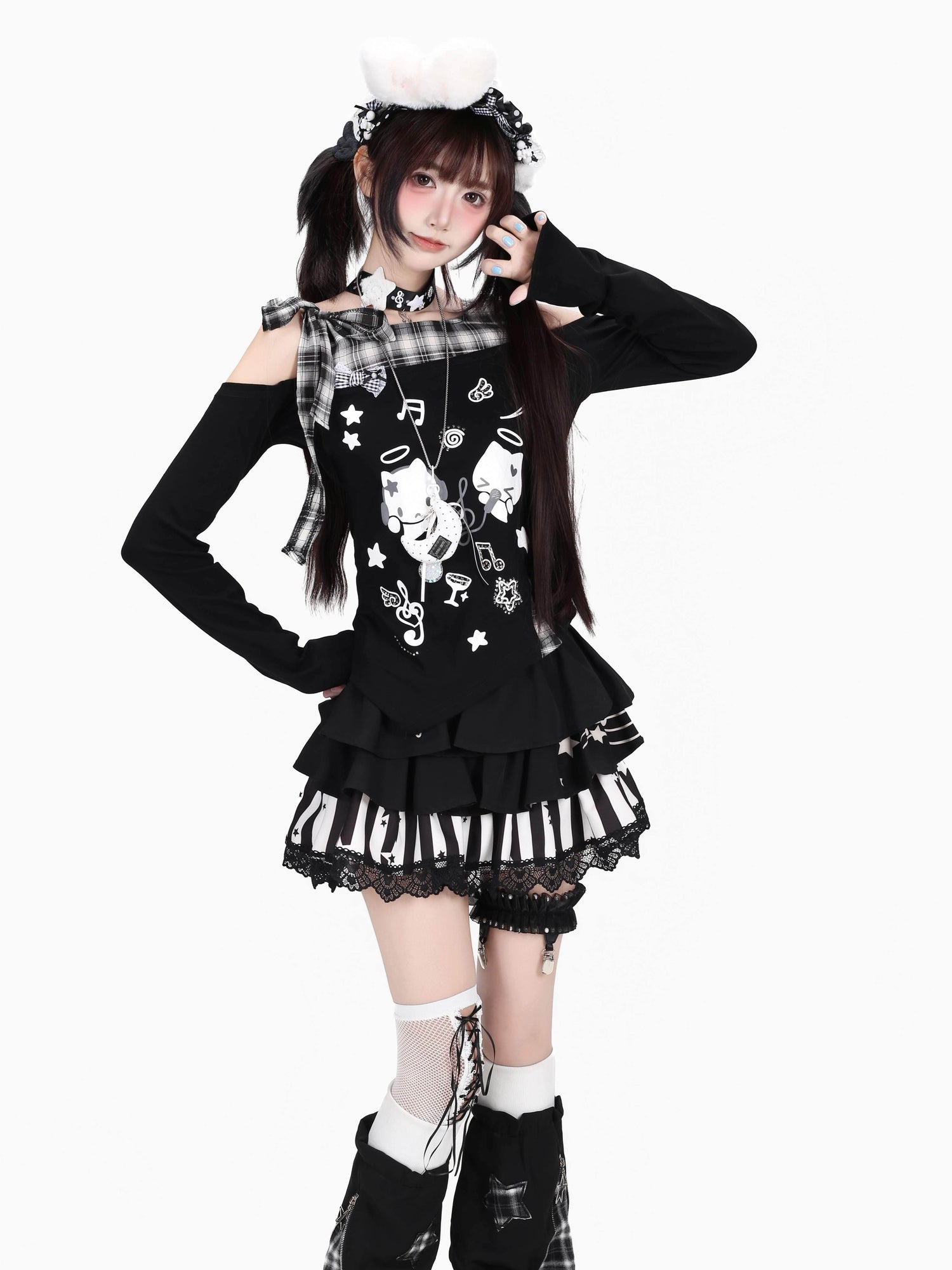 Crazy_Girl_Cat_Black_White_Check_Bow_Off_Shoulder_Patchwork_Women&