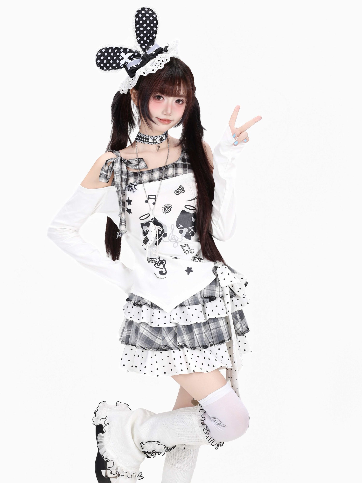 Crazy_Girl_Cat_Black_White_Check_Bow_Off_Shoulder_Patchwork_Women&