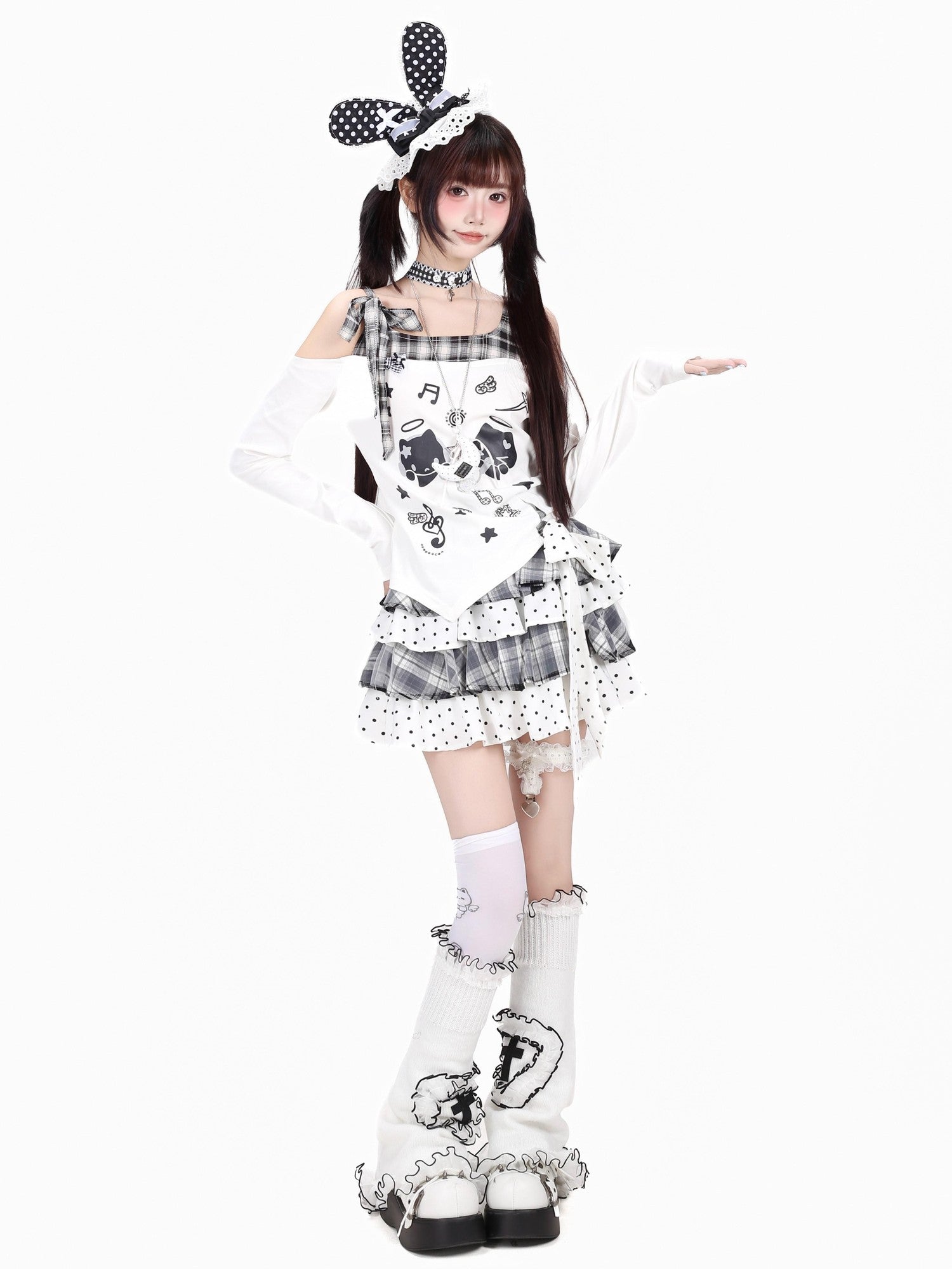 Crazy Girl Cat Black White Check Bow Off Shoulder Patchwork Women&