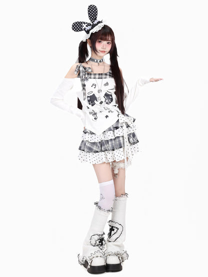 Crazy Girl Cat Black White Check Bow Off Shoulder Patchwork Women&