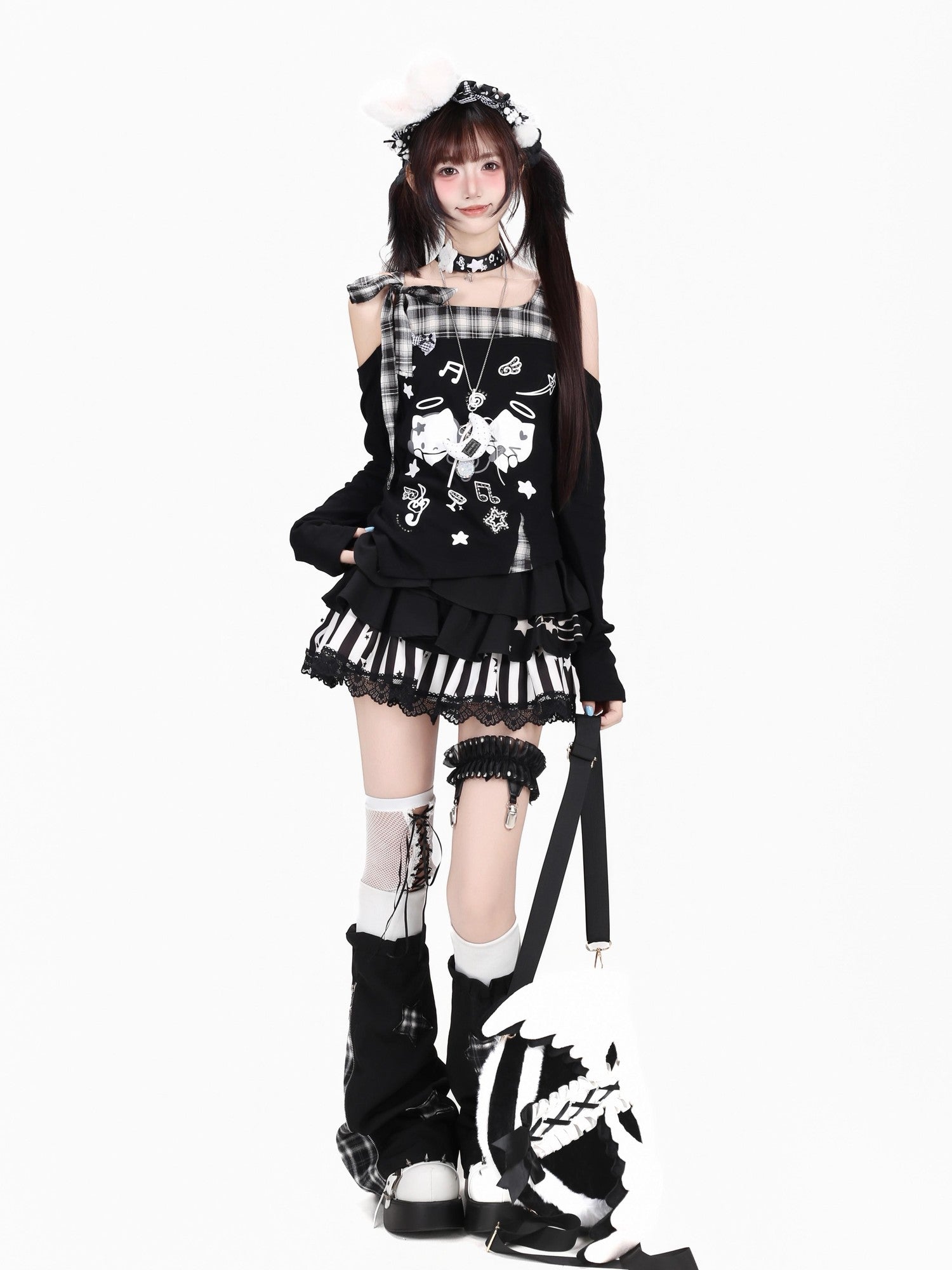 Crazy Girl Cat Black White Check Bow Off Shoulder Patchwork Women&