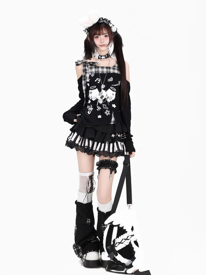 Crazy Girl Cat Black White Check Bow Off Shoulder Patchwork Women&
