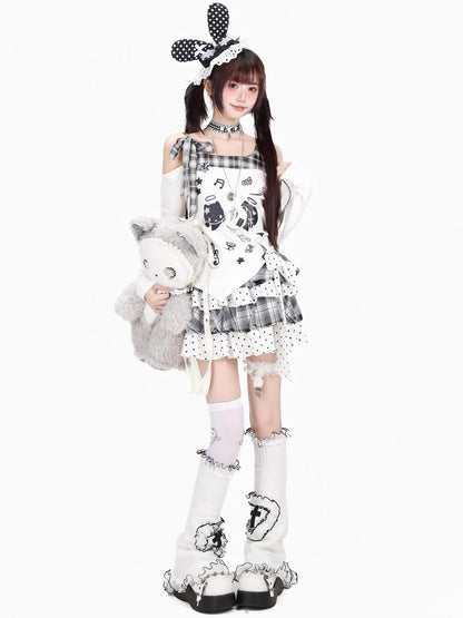 Crazy Girl Cat Black White Check Bow Off Shoulder Patchwork Women&