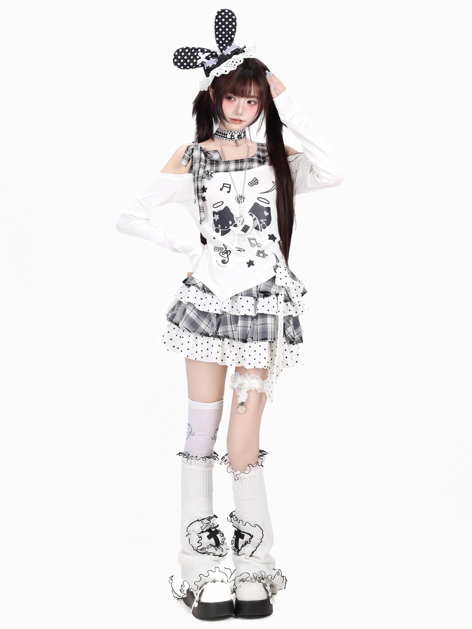 Crazy Girl Cat Black White Check Bow Off Shoulder Patchwork Women&