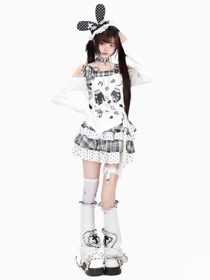Crazy Girl Cat Black White Check Bow Off Shoulder Patchwork Women&