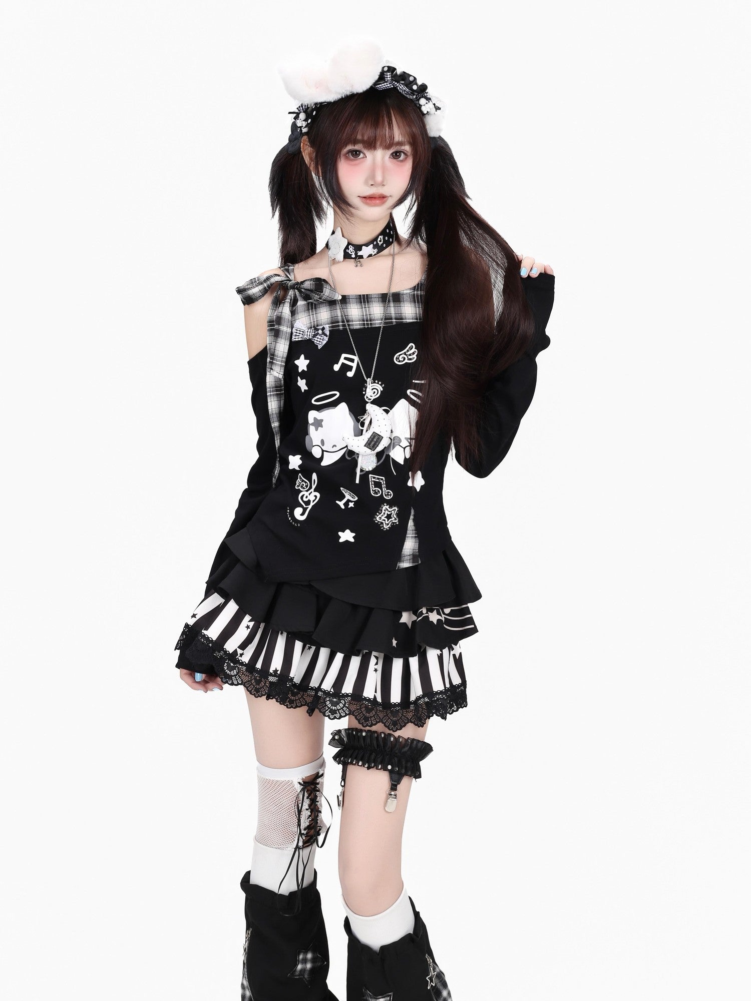 Crazy Girl Cat Black White Check Bow Off Shoulder Patchwork Women&