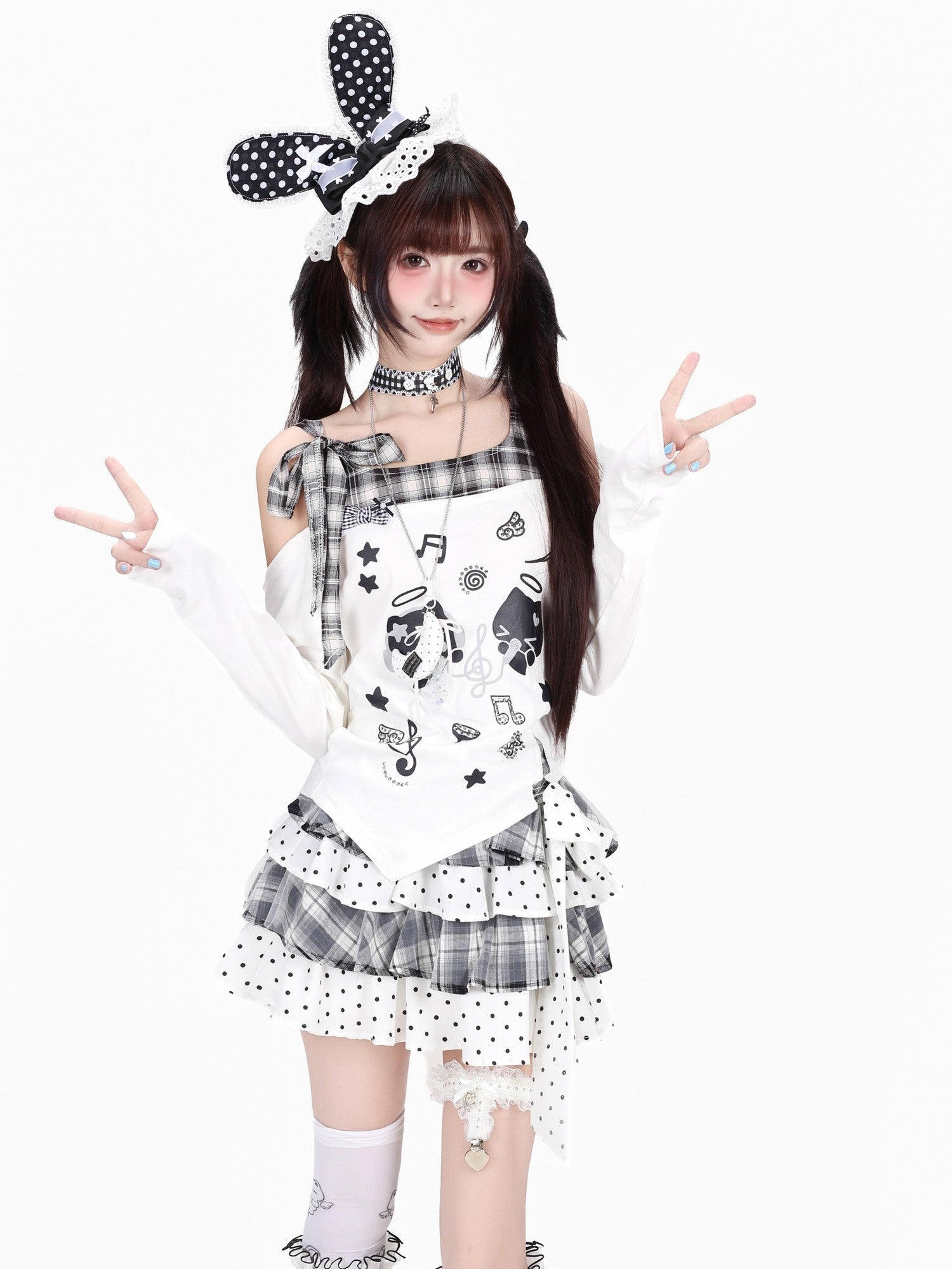 Crazy Girl Cat Black White Check Bow Off Shoulder Patchwork Women&