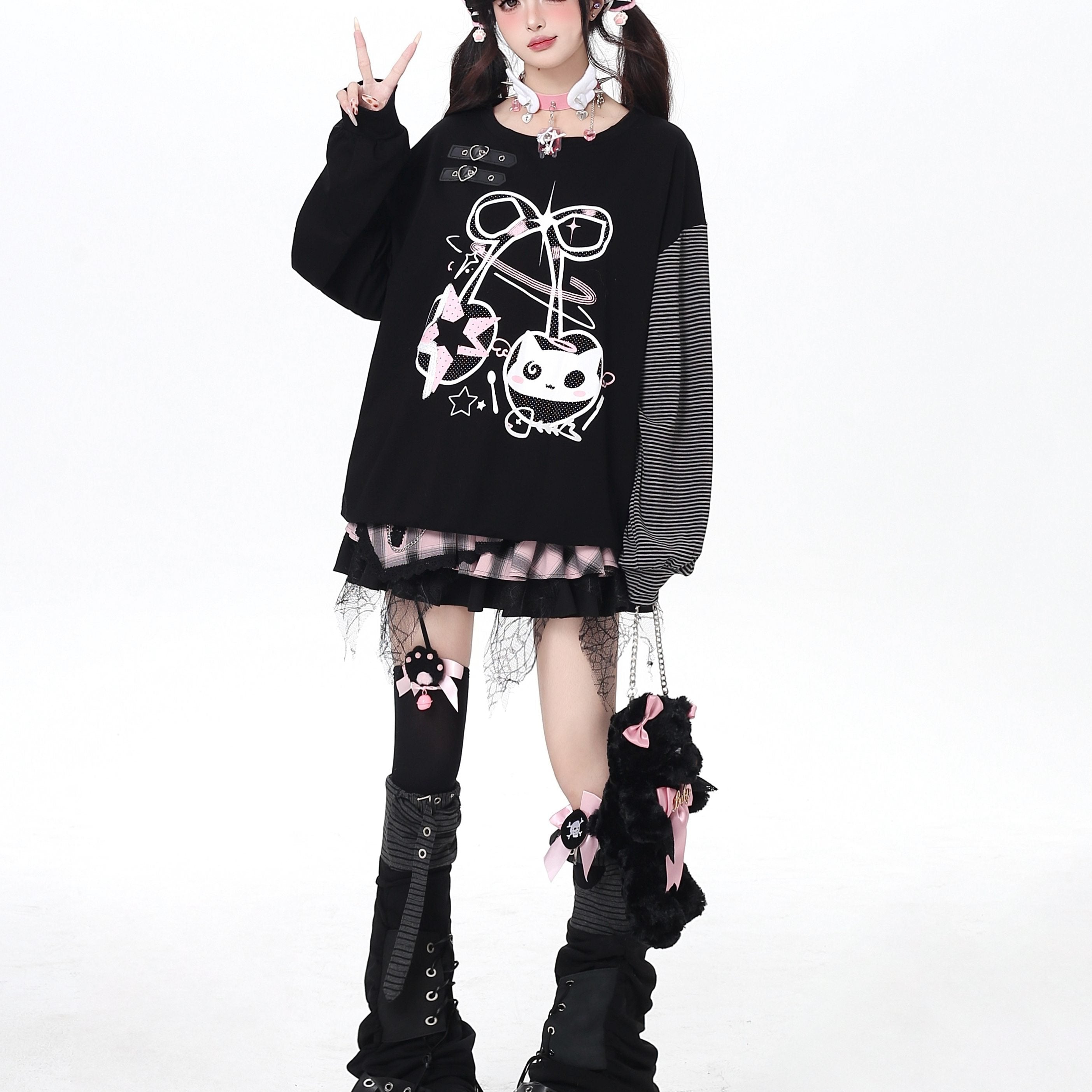 Crazy_Girl_Cat_Cherry_Printed_Striped_Loose_Drop_Shoulder_Women&