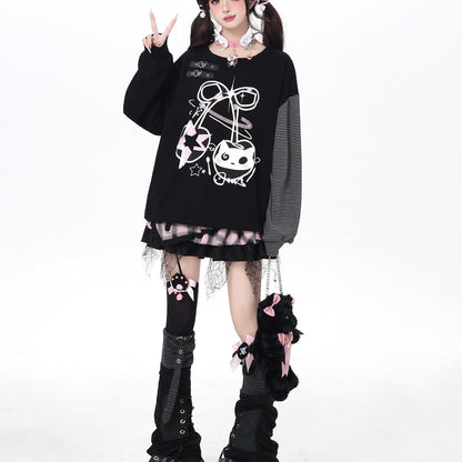 Crazy_Girl_Cat_Cherry_Printed_Striped_Loose_Drop_Shoulder_Women&