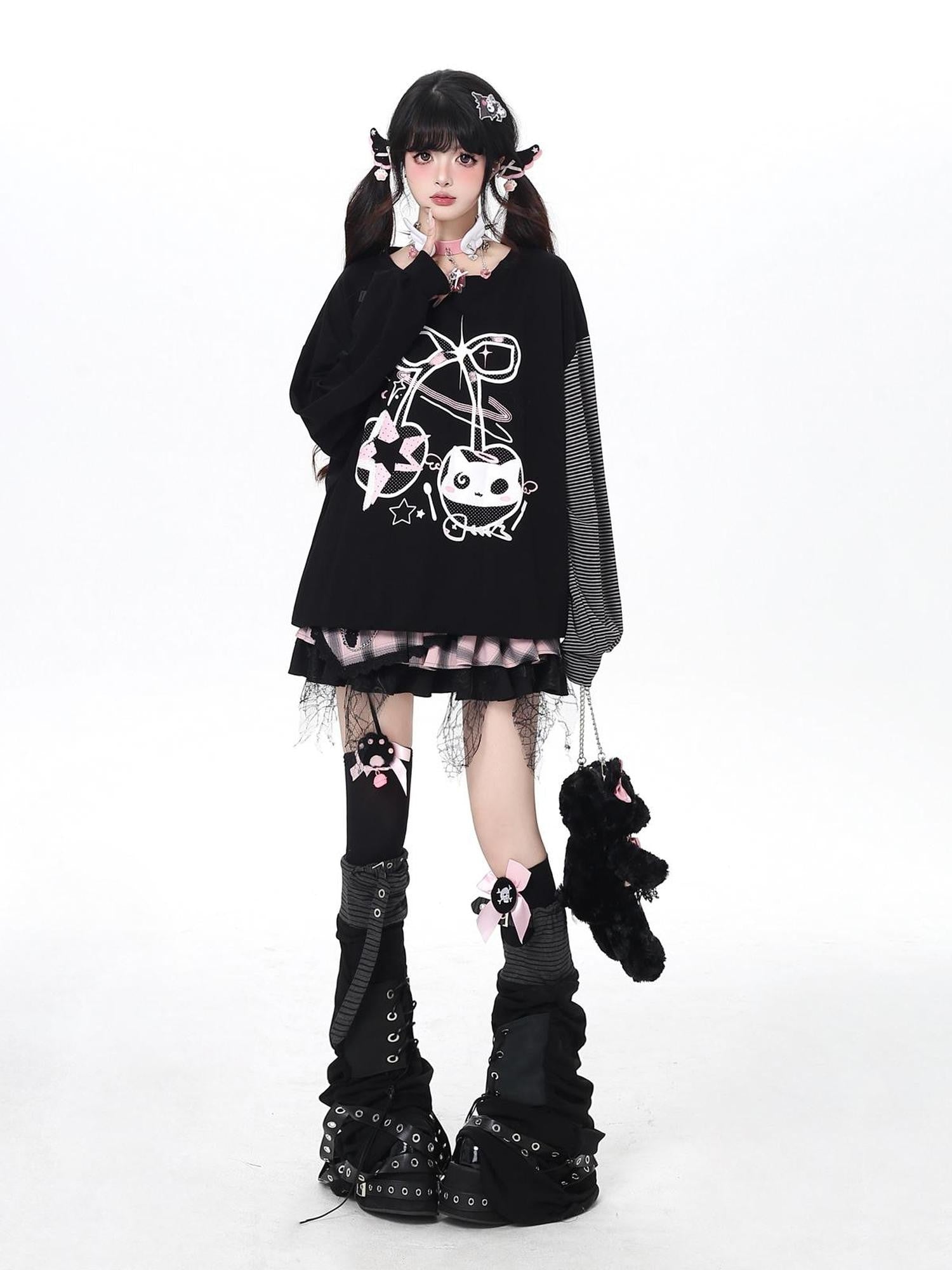 Crazy Girl Cat Cherry Printed Striped Loose Drop Shoulder Women&