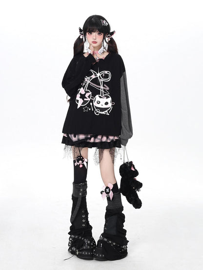 Crazy Girl Cat Cherry Printed Striped Loose Drop Shoulder Women&