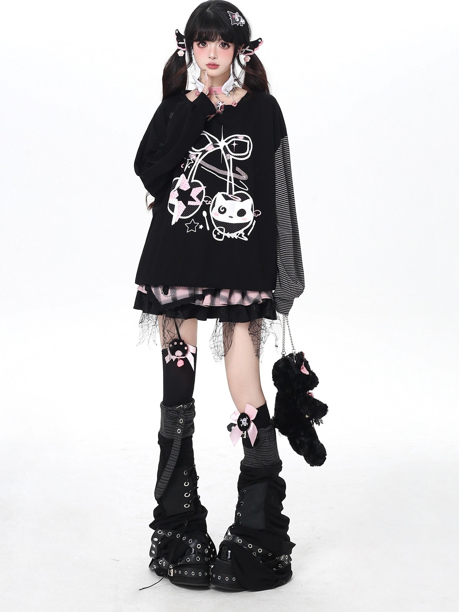 Crazy Girl Cat Cherry Printed Striped Loose Drop Shoulder Women&