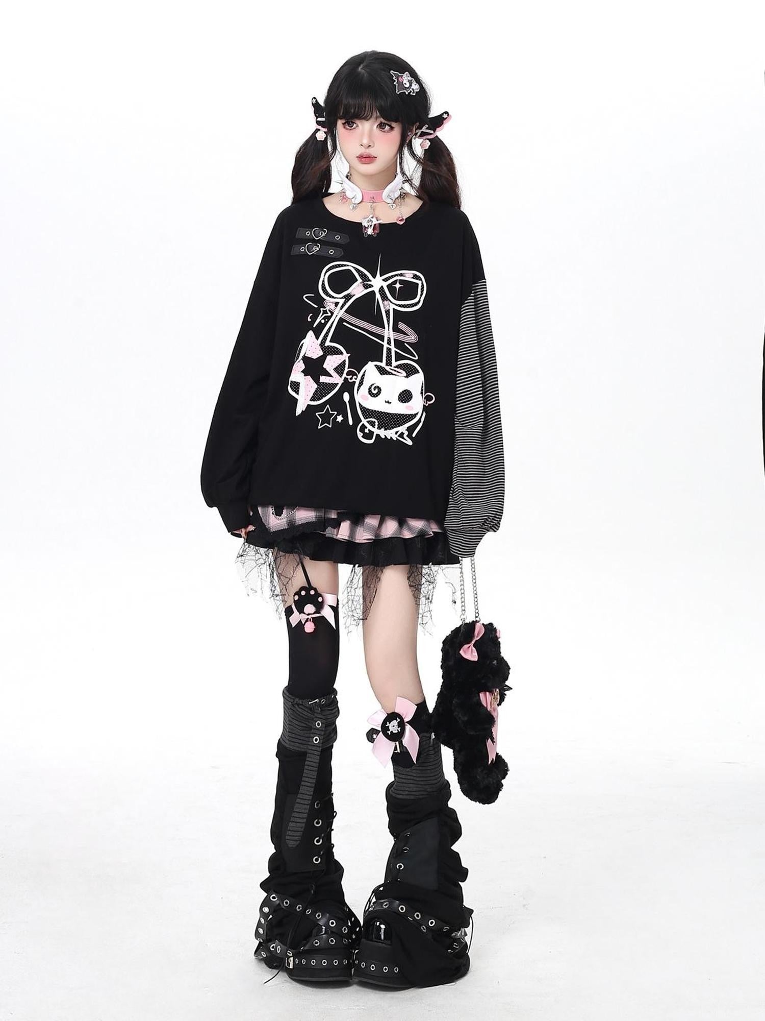 Crazy Girl Cat Cherry Printed Striped Loose Drop Shoulder Women&