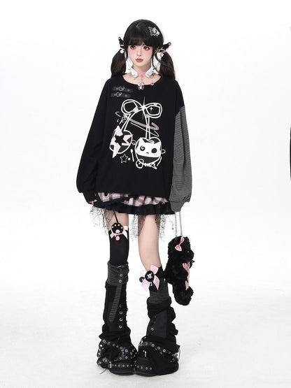 Crazy Girl Cat Cherry Printed Striped Loose Drop Shoulder Women&
